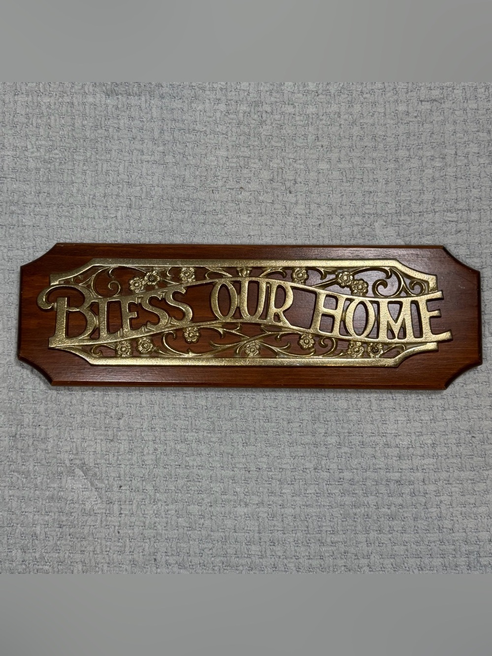 Vintage Wood "BLESS OUR HOME" Sign Plaque Farmhouse Brass & Wood Country